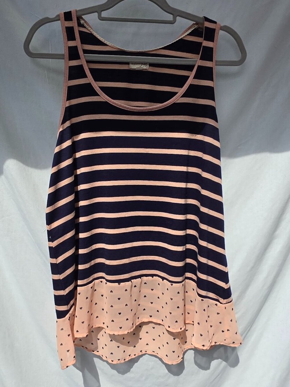 Maison Jules XXL Navy & Blush Striped Sleeveless Ruffle Hem Tank Top
